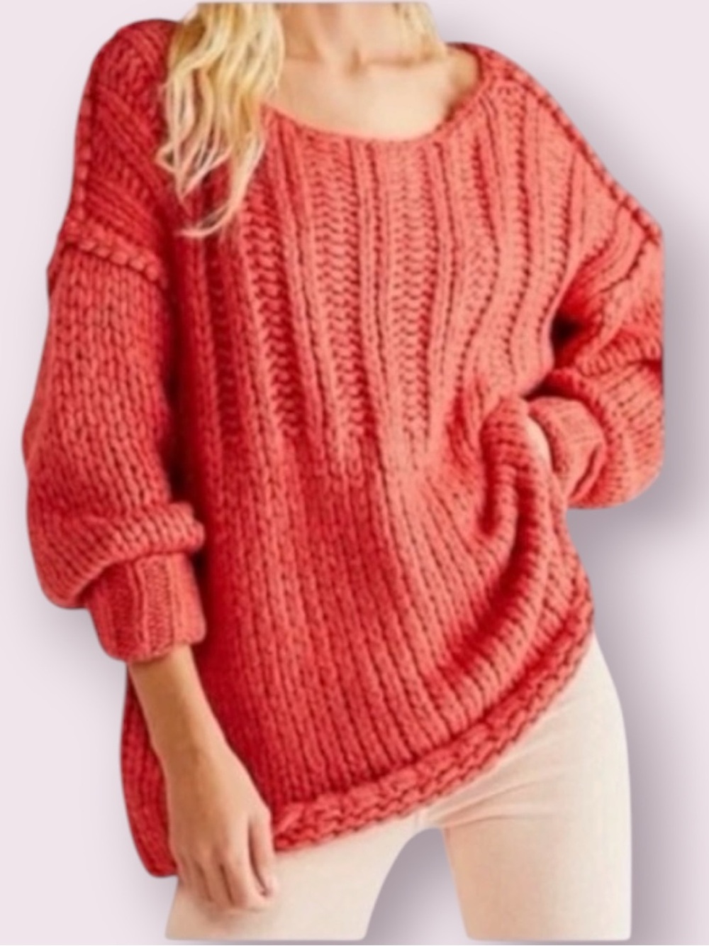 Free People Be There Chunky Knit Pullover Sweater Coral Oversized Small